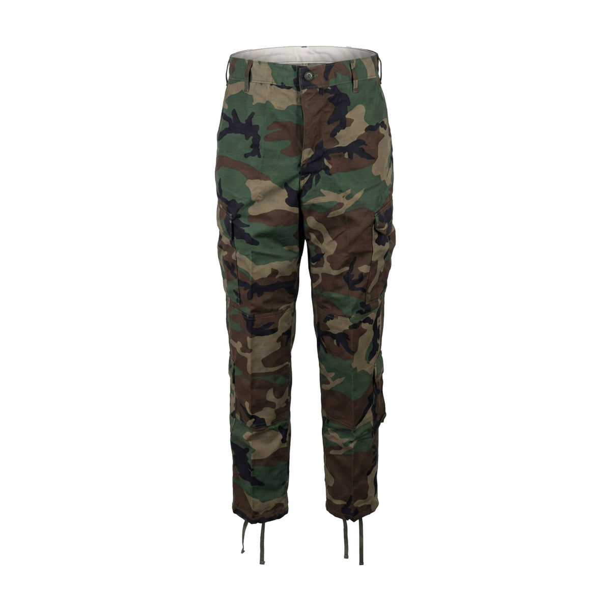 M81 Woodland camouflage combat trousers cut to the US Army ACU pattern, 50/50 NYCO ripstop, front view on white